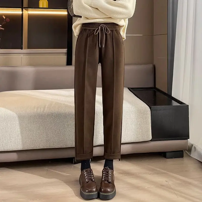 Women's Autumn and Winter Plush Thickened Smoke Pipe Pants 2023 Pockets Drawstring Solid Color Loose Fashion Straight Pipe Pants