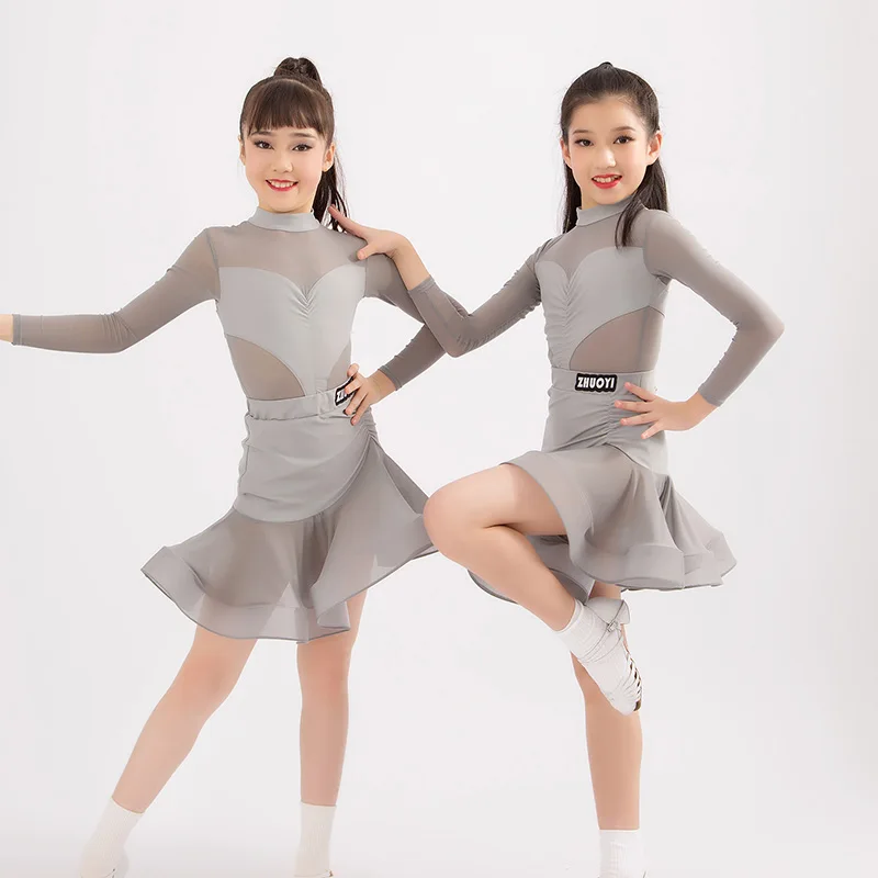 

Grey Long Sleeve Latin Dance Competition Dresses ChaCha Performance Wear Bodysuit Skirt Rumba Salsa Practice Dancewear VDB8014