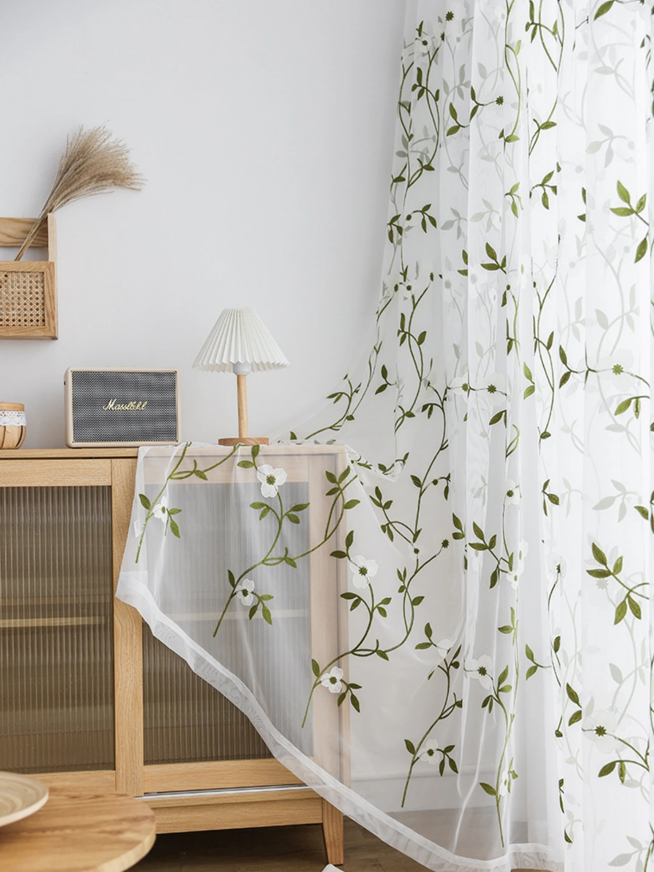 American style gauze curtain, green leaves, plant embroidery, living room, bedroom Pastoral small and fresh embroidered yarn