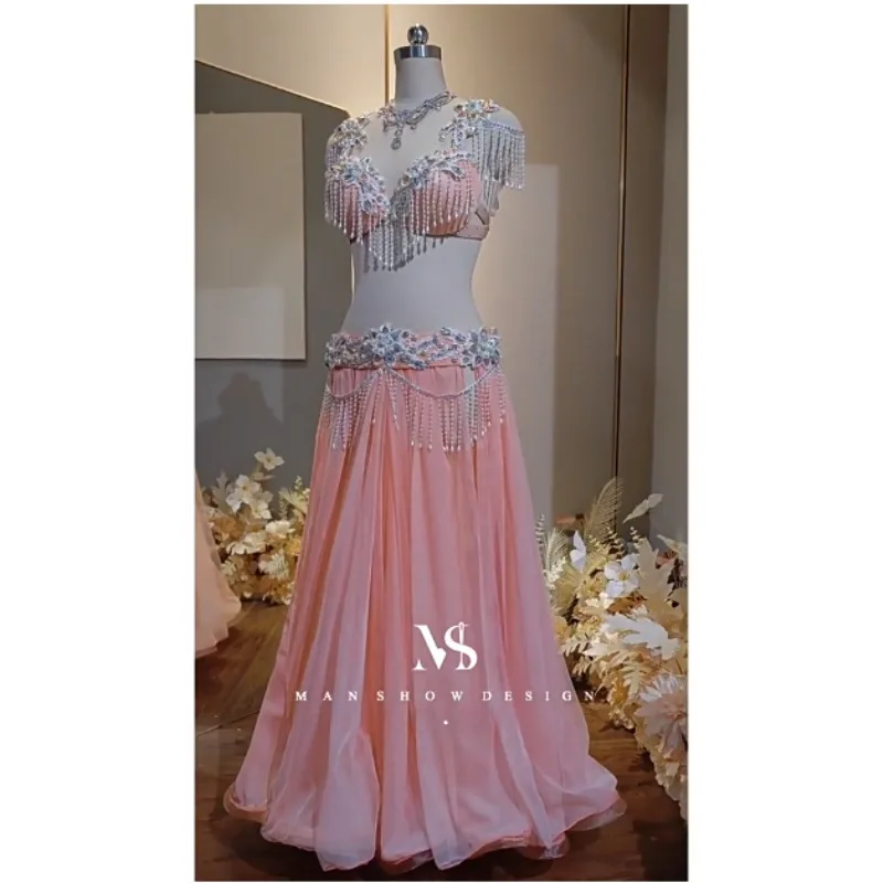 Customized Belly Dance Costume Set Tassel Mesh Long Skirt Oriental Opening Dance Group Performance Costume 벨리댄스공연복