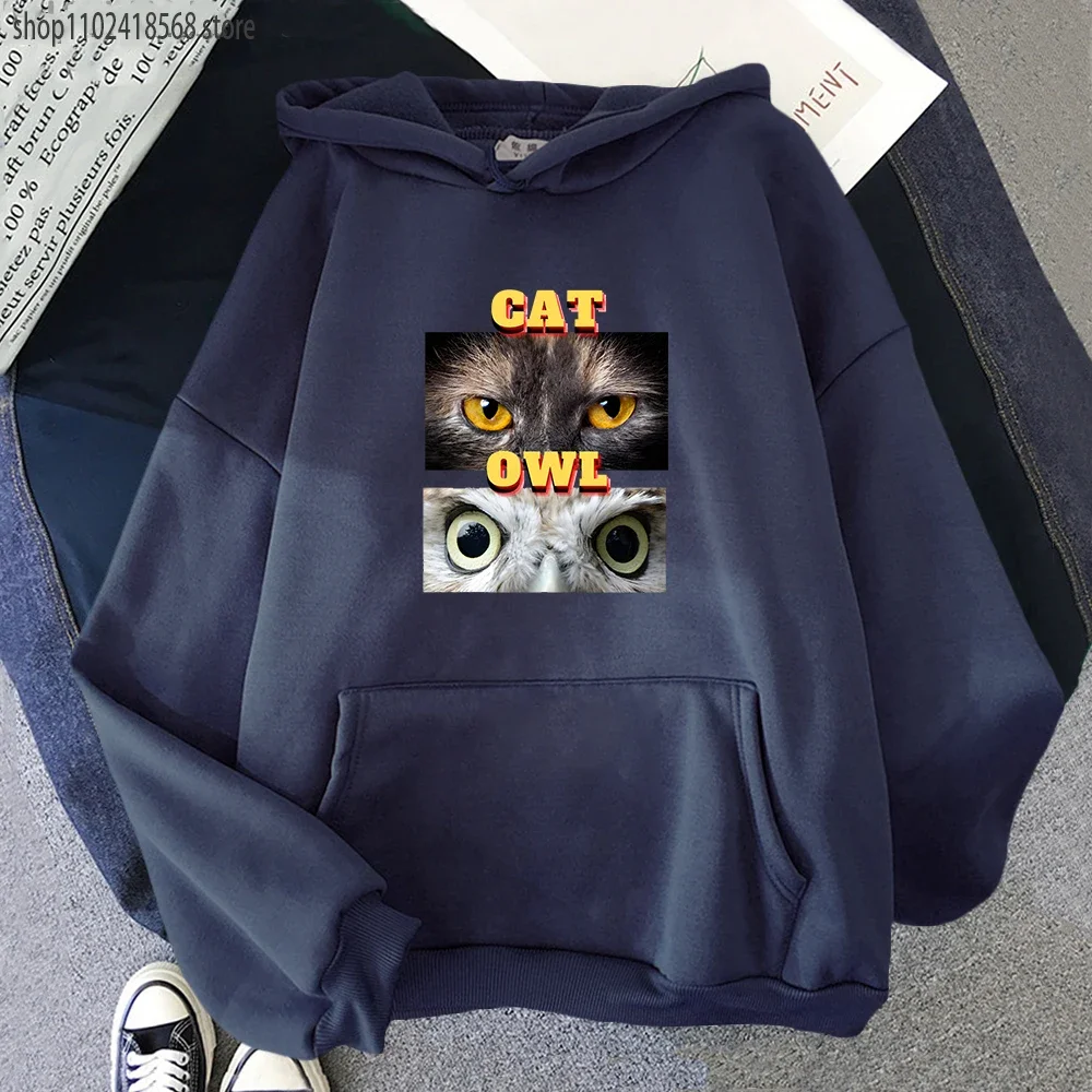 

Animal Garphic Men Clothing A Cat and An Owl Hoodies Cartoon Sweatshirt Long Sleeve Pullovers Streetwear Women Tops Y2k Clothes