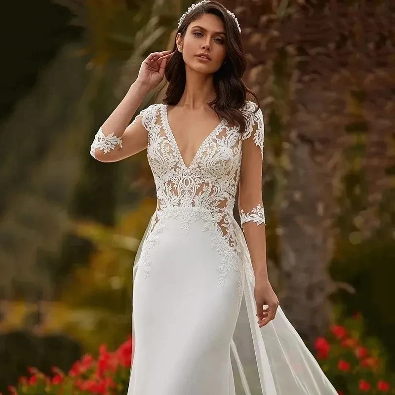 Vestido de noiva sereia, estilo v, tule, meia ilusão, manga sete quartos, elegante, vestido de praia, novo design