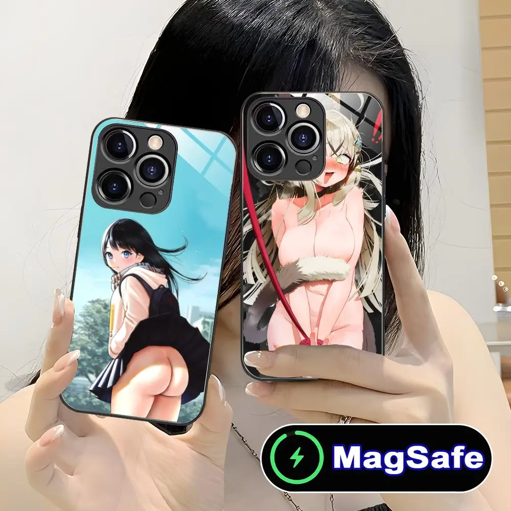 Anime Waifu Hentai Mobile Phone Case for iPhone 16 15 14 13 12 11 Pro Max Plus Mini MagSafe Glass Colour Protective Cover Luxury