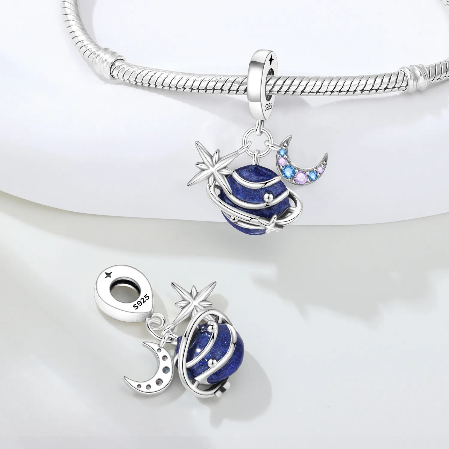 MISEFF S925 Sterling Silber Charm-Anhänger mit blauem Planeten, Stern und Mond für Armband, DIY-Schmuckherstellung, Geschenk für Frauen