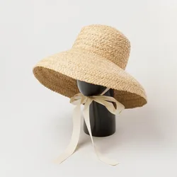 USPOP Retro Flat Top Drooping Brim with Straps Hand-woven Raffia Straw Hat for Women Parent-child  Beach Straw Hat  Two Size