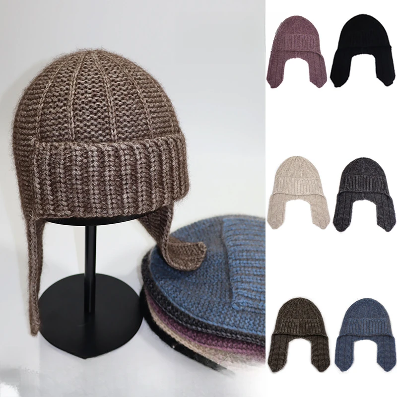 

Women's Autumn/Winter Warm Beanie - Daily Wear Knitted Yak Wool & Acrylic Earflap Hat (56-58cm) - Solid Color