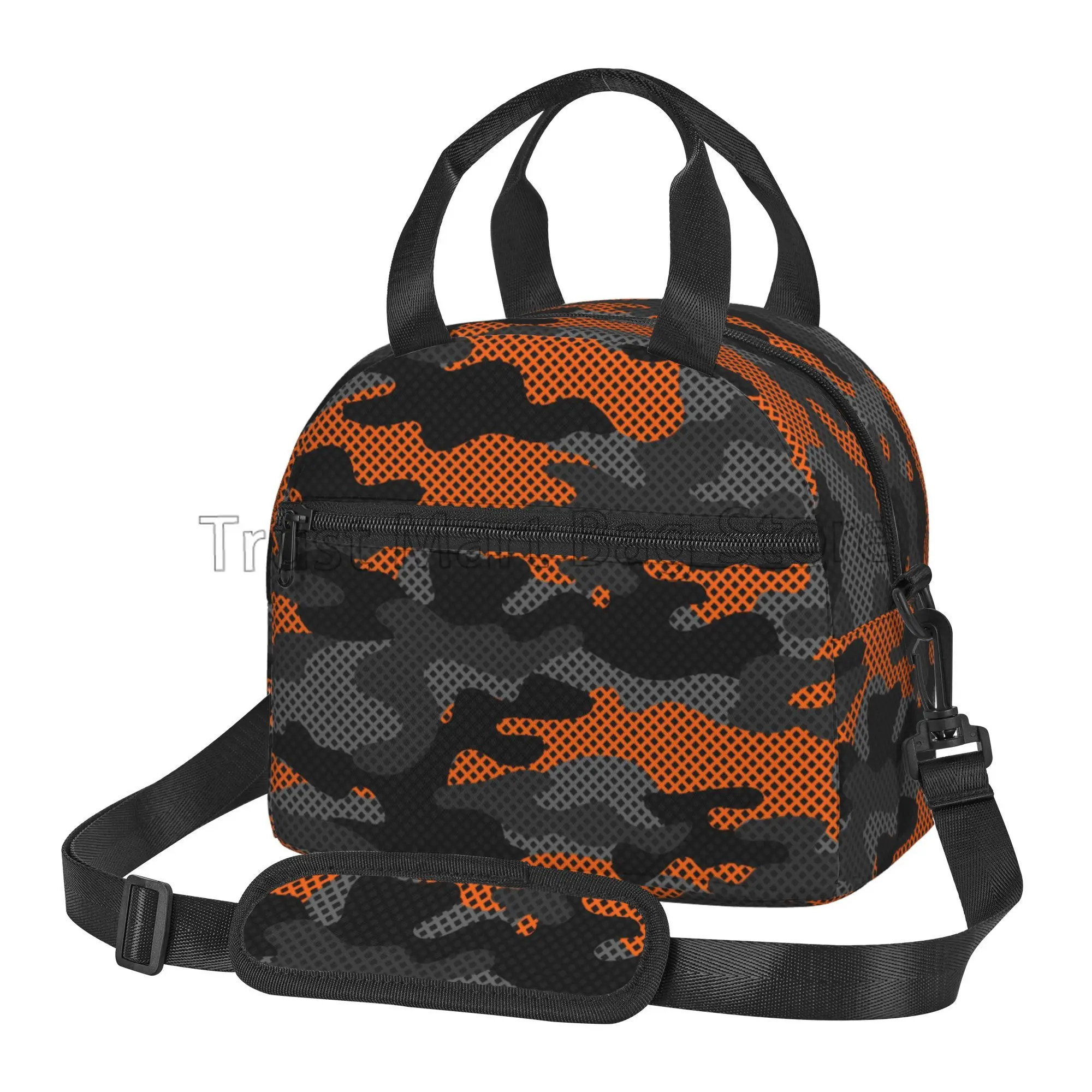 Black and Orange Camouflage Insulated Lunch Bag Reusable Thermal Oxford Bento Totes with Adjustable Strap for Work Travel Picnic