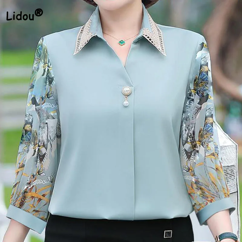 Fashion Elegant Printed Spliced Solid Color Chiffon Tops Women's Clothing Summer Casual Office Lady 3/4 Sleeve Polo-Neck T-shirt