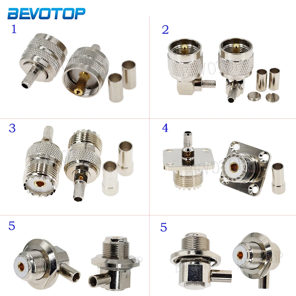 10 unids/lote UHF PL259 macho UHF SO239 hembra 50-3 UHF conector coaxial RF engarzado para Cable RG58 RG142 RG223 RG400 LMR195 LMR200