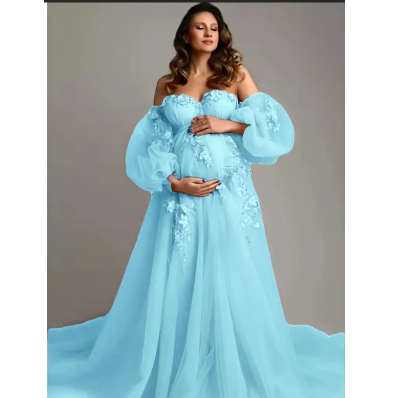 Gaun Hamil Hasil Jahitan Tangan - Gaun Tulle Transparan Tanpa Tali Bahu dengan Aplikasi Bordir untuk Acara Baby Shower & Pemotretan Kehamilan