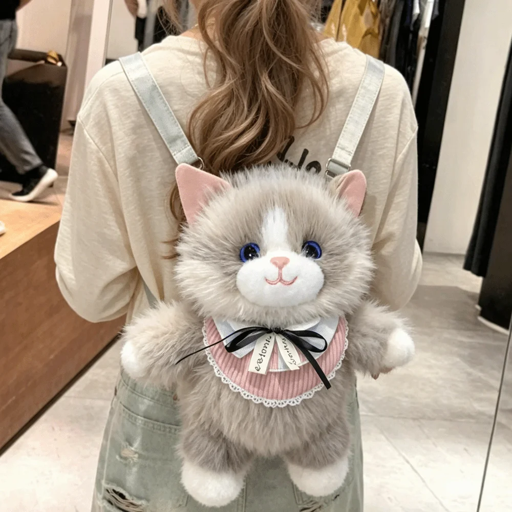 New Fur Material Backpack Lifelike Soft Stuffed Animal Bag Large Capacity Fluffy Ragdoll Cat School Bag School