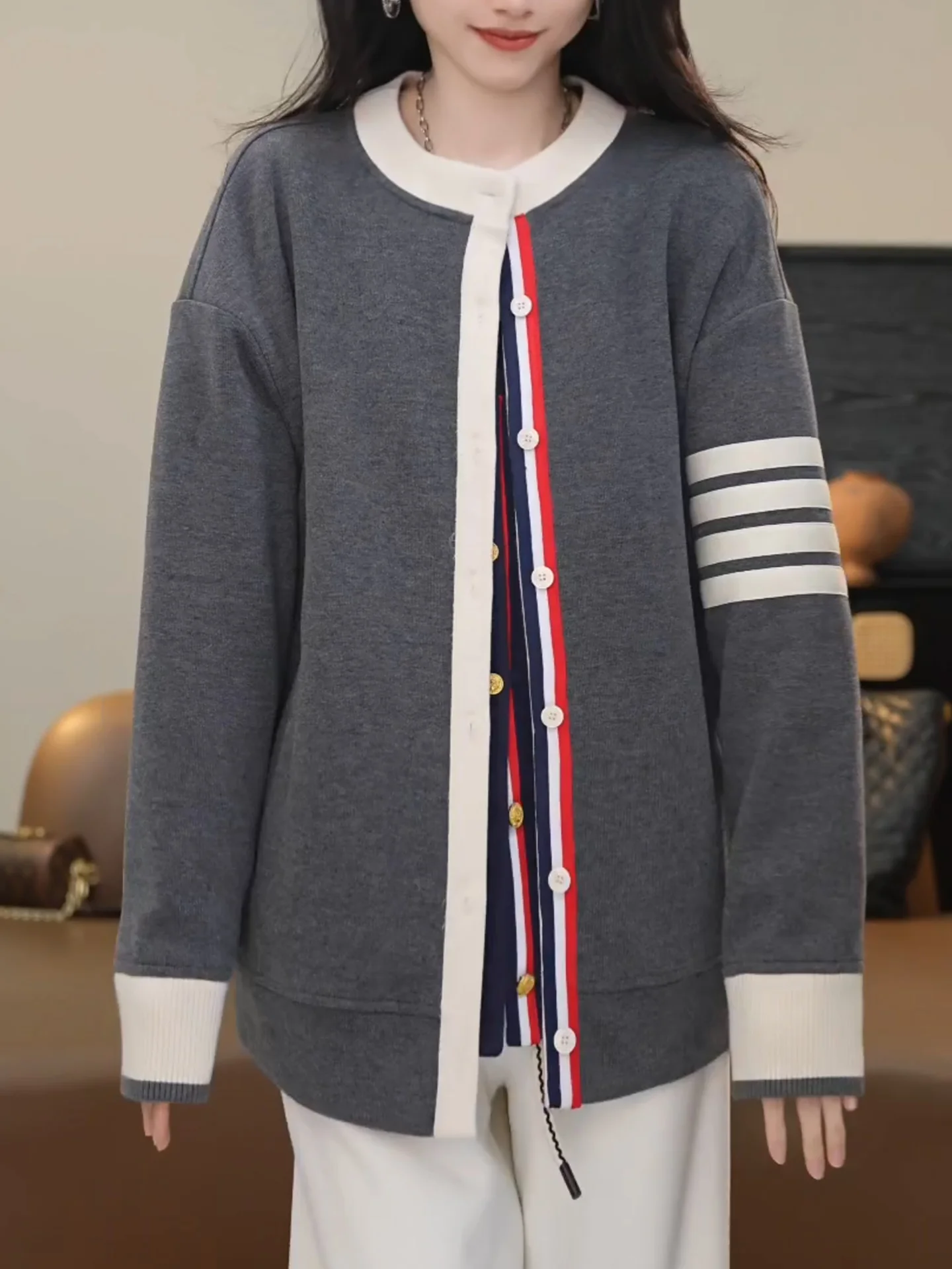 

ay Color Blo Stripe Knitted Open Cardigan Women's Loose Slimming Versatile Lazy Sle Long Sve Top College Sle