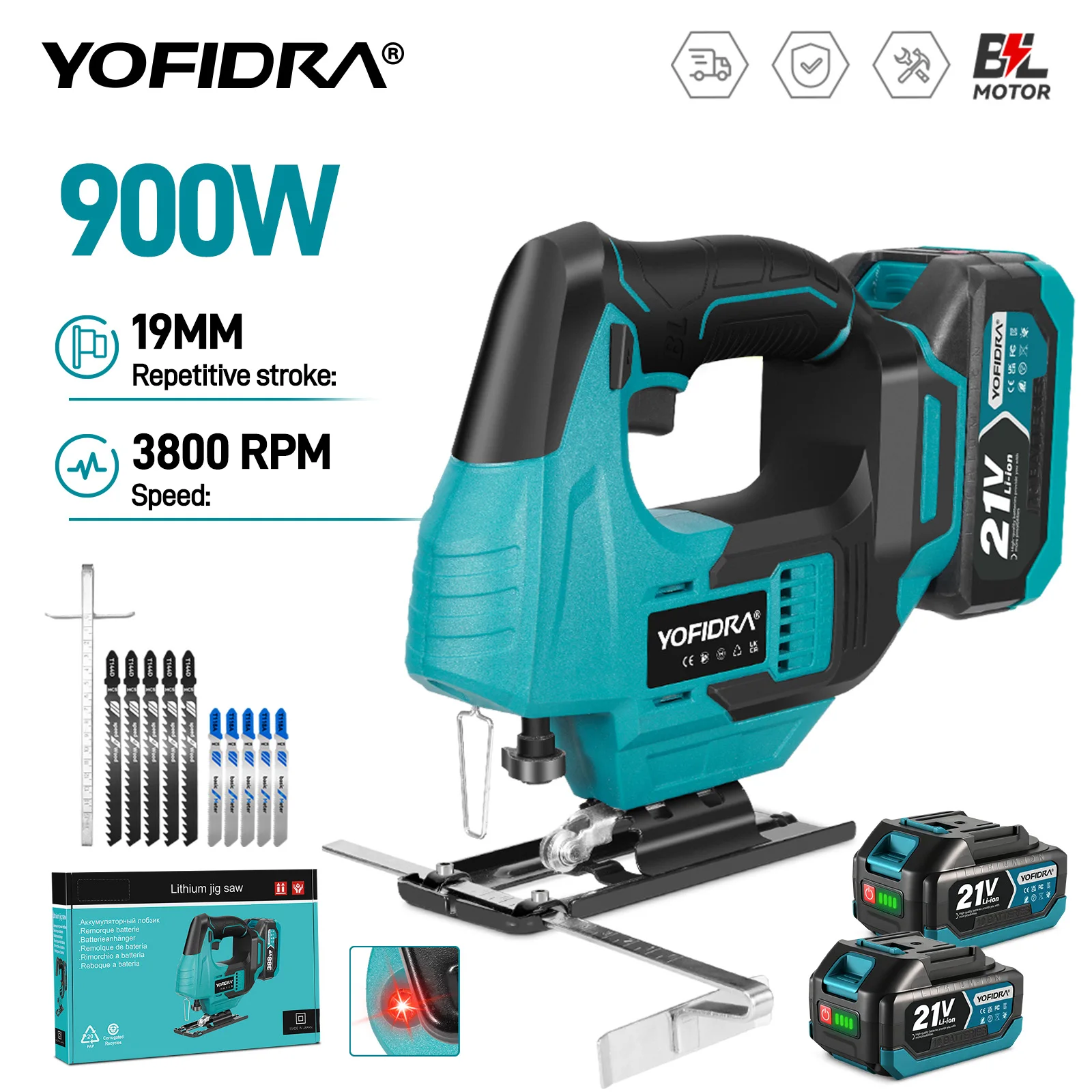 YOFIDRA 3800RPM Bürstenlose Elektrische Stichsäge mit 12 Sägeblättern, Infrarot-Laser, Kabellose Kurvensäge, Holzbearbeitungswerkzeug für Makita-Akkus