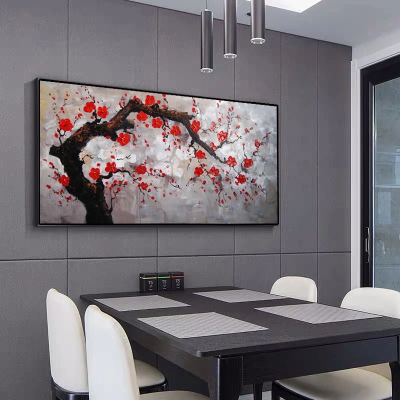 Mintura,Art Hand Painted Oil Painting On Canvas,Tree Branches Red Flowers Modern Abstract Wall Decorative Pictures Frameless Art