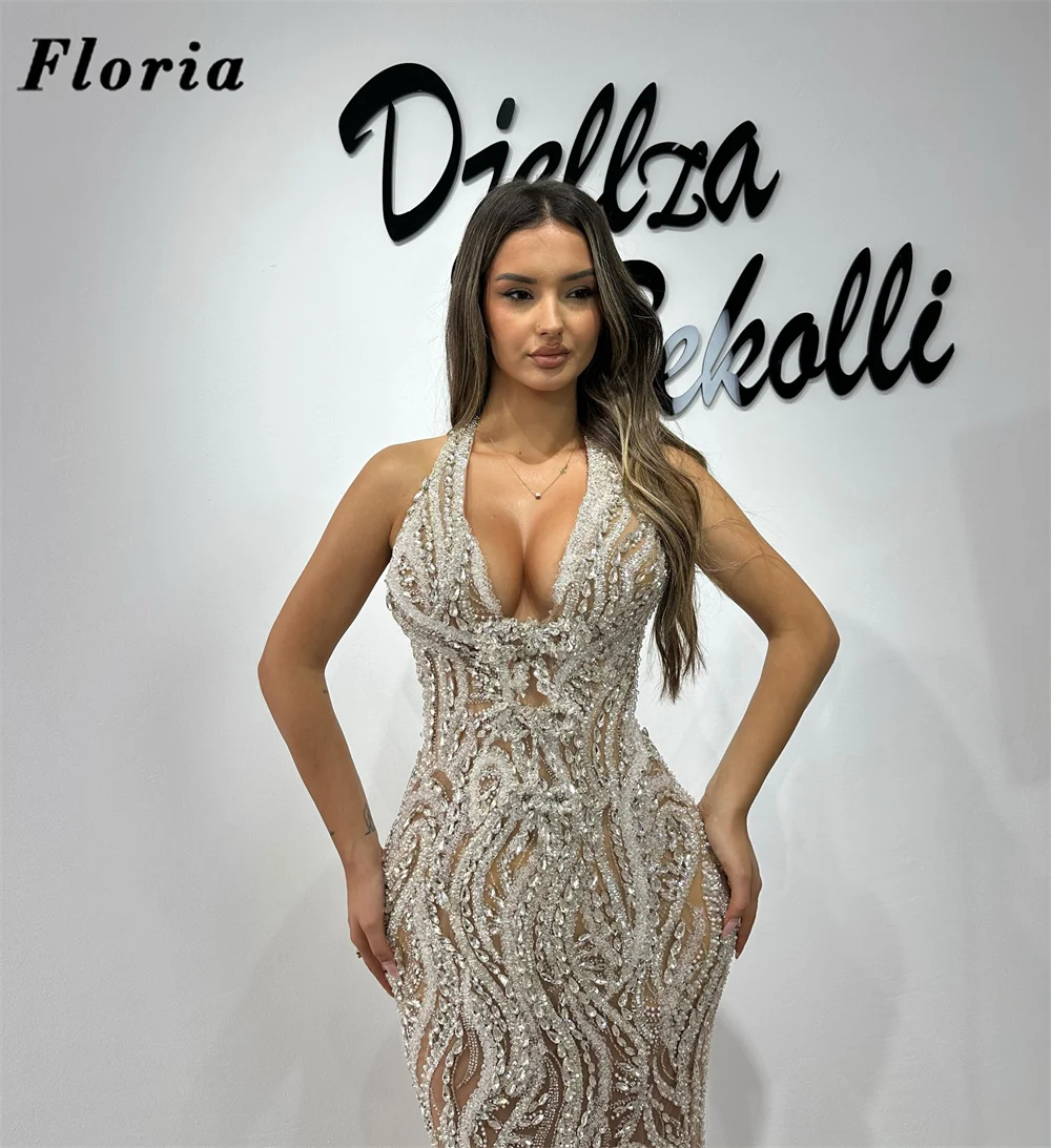 Two Pieces Champagne Pearls Evening Dresses Elegant V Neck Prom Dress Glitter Beaded Crystals Engagement Party Gowns Customized