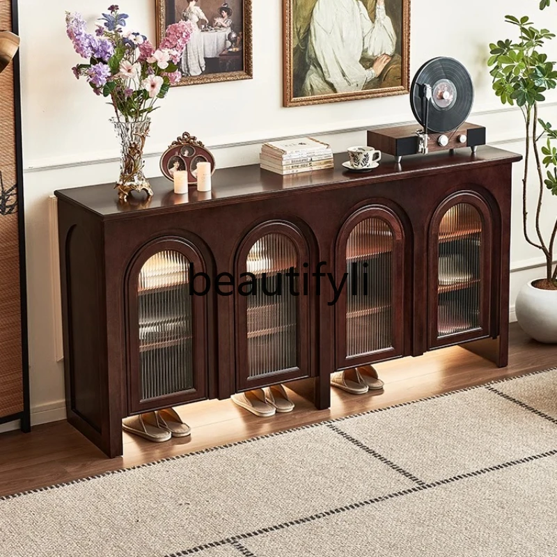 

Retro style porch cabinet All solid wood with glass with lamp foyer storage Shoe cabinet storage French style