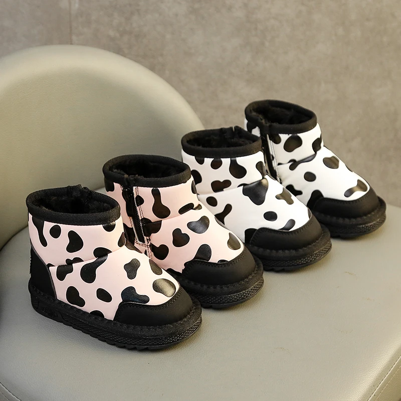 Cow Pattern Girls Boys Snow Boots Winter PU Leather Zip Children Ankle Shoes Plush Warm Non Slip Toddler Kids Boots