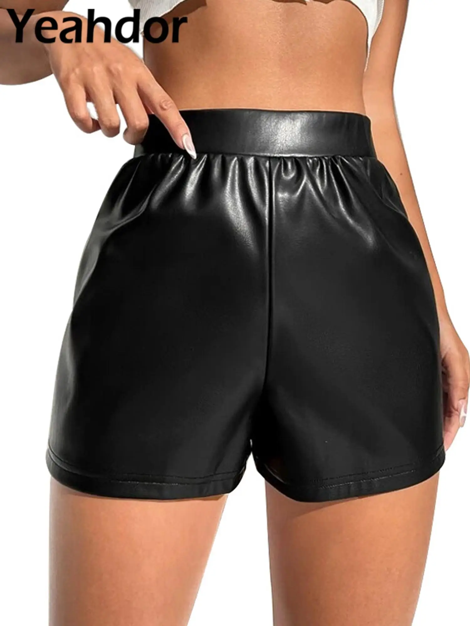 Women Stylish Clothing Patent Leather High Waist Solid Color Casual Loose Shorts Sexy costume club stage summer shorts