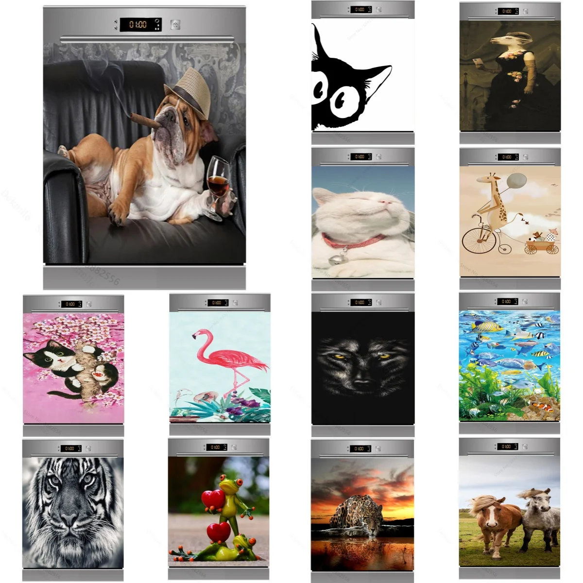 Sofa Funny Dog Dishwasher Sticker Waterproof Animals Cat Frog Birds Tiger Refrigerator Freezer Sticker Cabinet Art Mural Decals