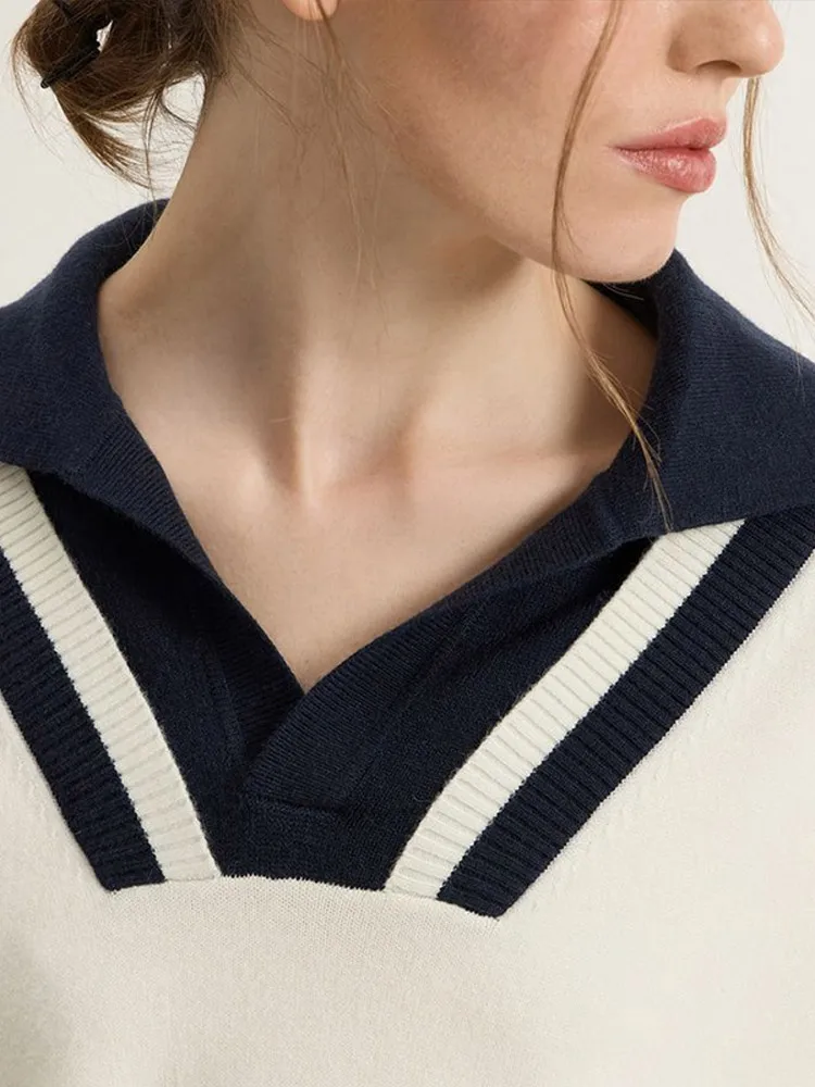 Casual สี Contrast Navy Collar หลวมเสื้อกันหนาวผู้หญิงแขนยาวเอวยางยืด V คอสั้นเสื้อกันหนาวหญิง Street Wear