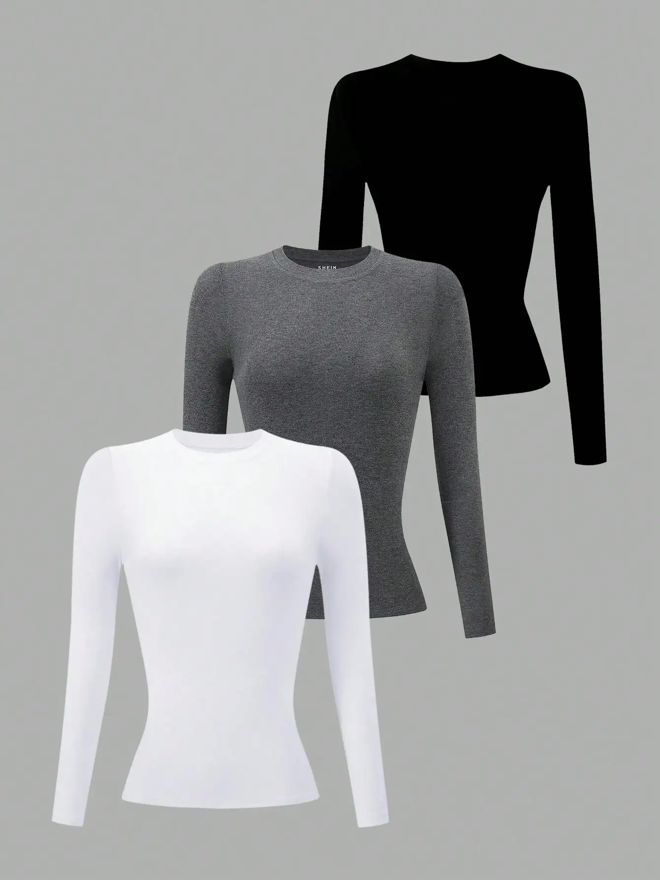 

3pcs Women's Solid Color Long Sleeve Crew Neck T-Shirts