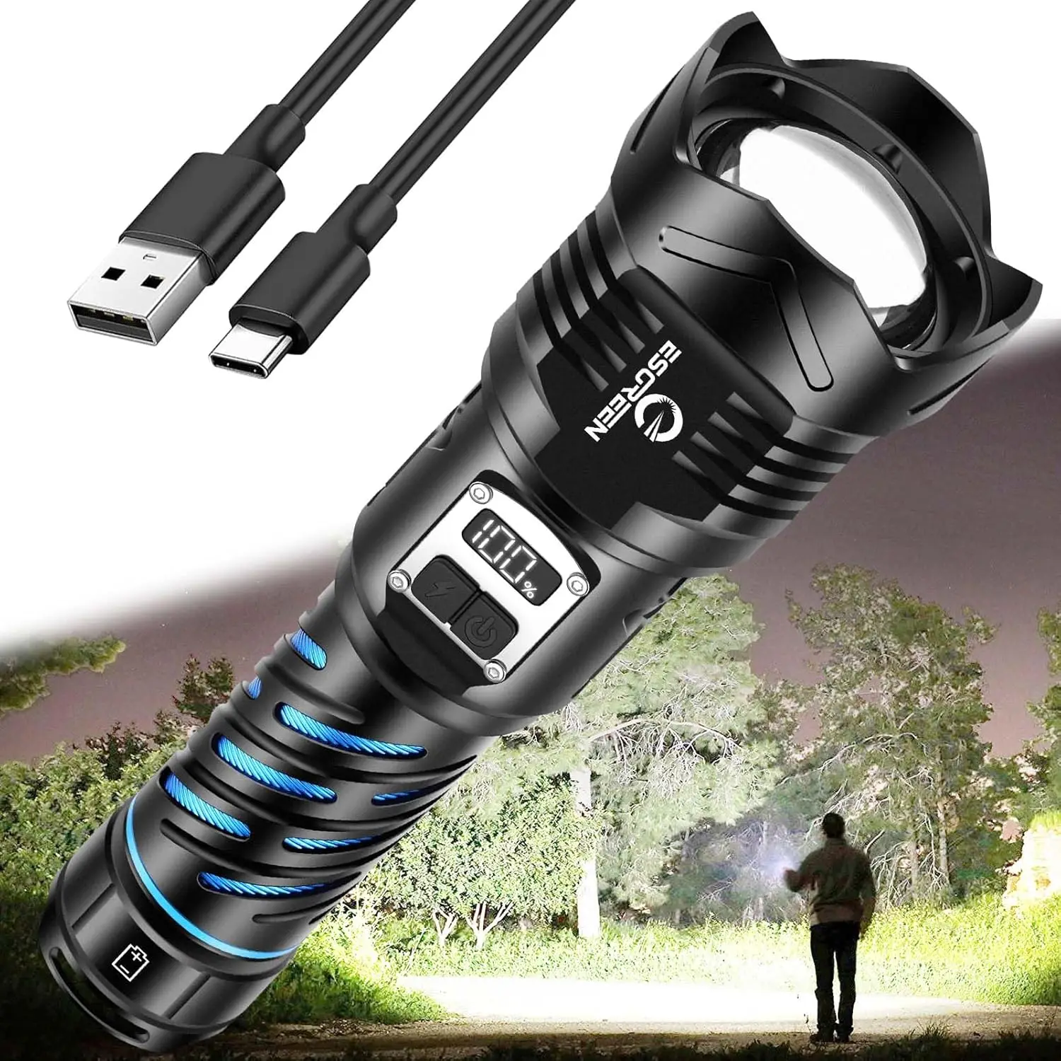 Super Bright 99K Lumens Rechargeable Flashlight, Long Range LED with USB C, LCD Display, 5 Modes
