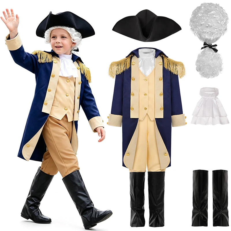 Kids Colonial General George Washington Boys Outfits Halloween Cosplay Historical Revolutionary War School Play Children Costume