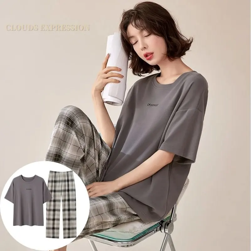 Spring Summer Short Sleeved Elegant Women\'s Pajamas Set Abstract Sexy Black Nightwear Plaid Sleepwear Lounge Homewear Fashion