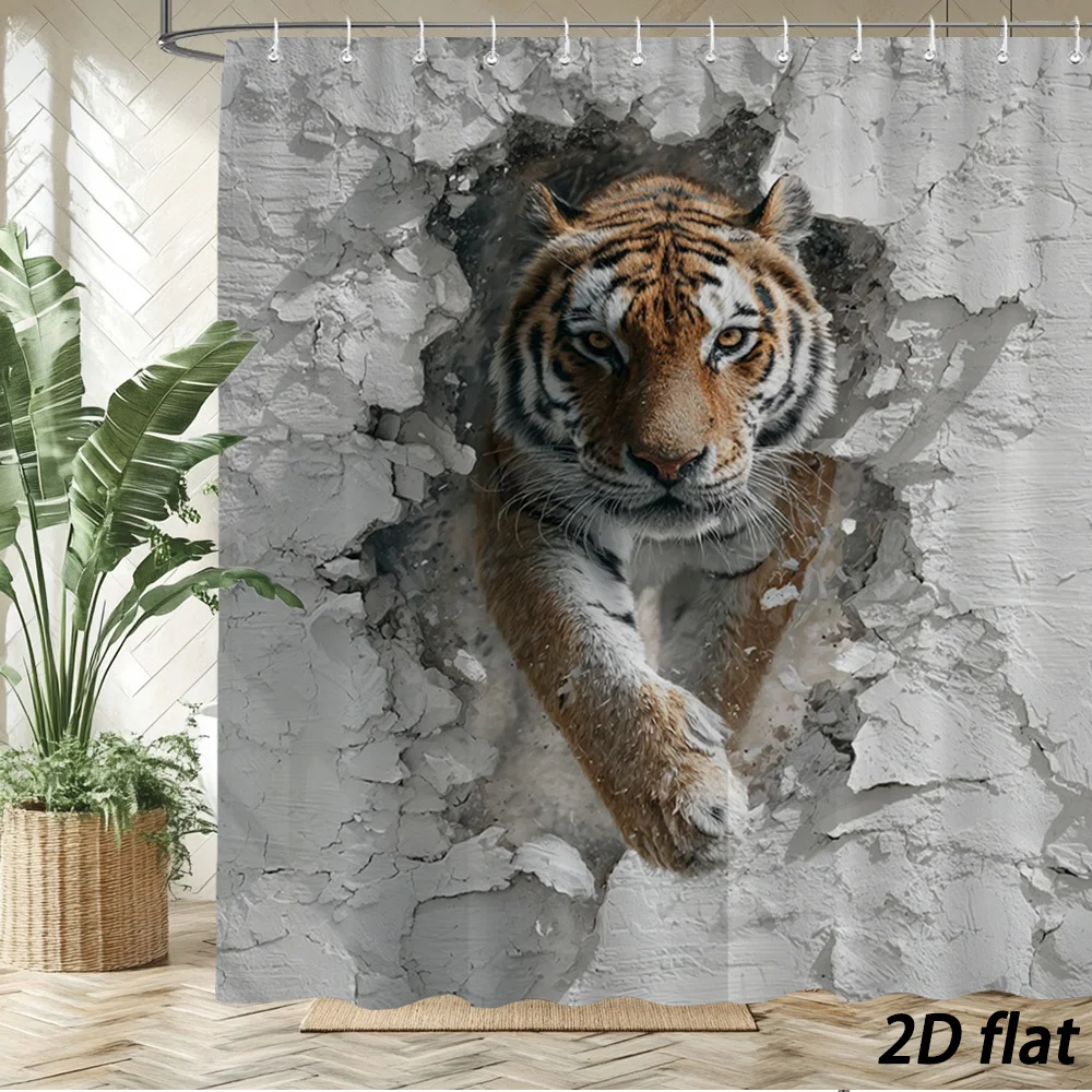 Tiger Breaking Through Wall Shower Curtain – Realistic 3D Wildlife Print Polyester Bath Decor 70.8x70.8in, 12 Hooks