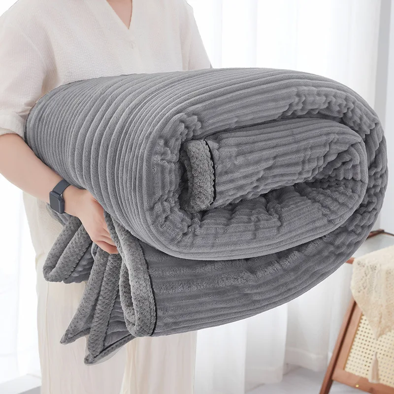 A-Class Solid Stripe Faux Rabbit Blanket Flannel Single Double Bed Sheets for All Seasons Office Nap Air Conditioning Blanket