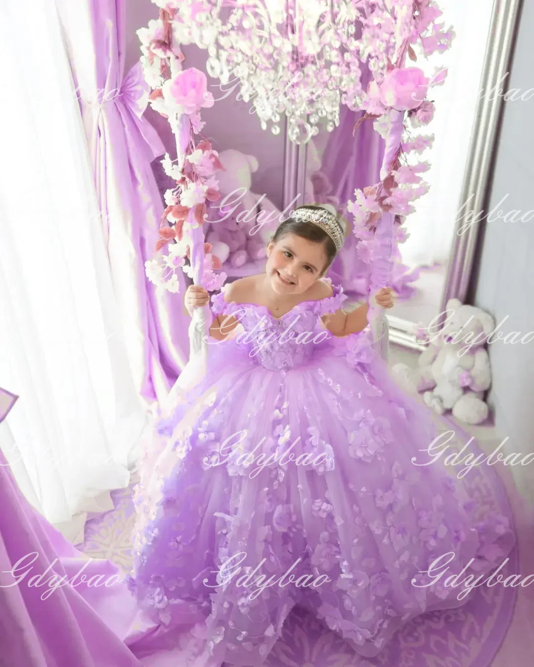 

Фиолетовое платье с цветочной аппликацией для девочек на свадьбу, тюлевое платье с открытыми плечами и жемчугом на заказ, детское платье для первого евхаристического дня рождения