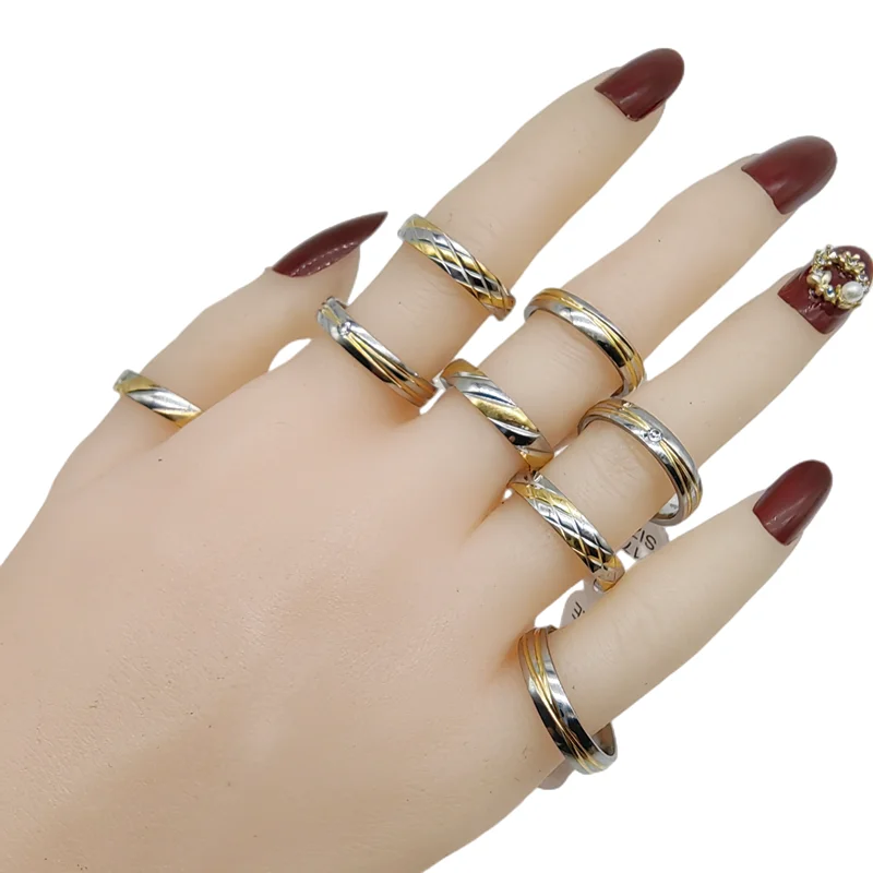 15pcs/Lot In Stock Wholesale Thin Stainless Steel Finger Rings For Women Double Colors Crystal Joint Ring Party Wedding Jewelry