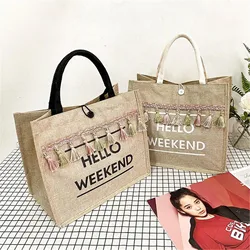 Women Summer Beach Bags Handbags Large Capacity Lady Tassel Shoulder Bag Big Letter Linen Totes Casual Girls Travel Shopping Bag