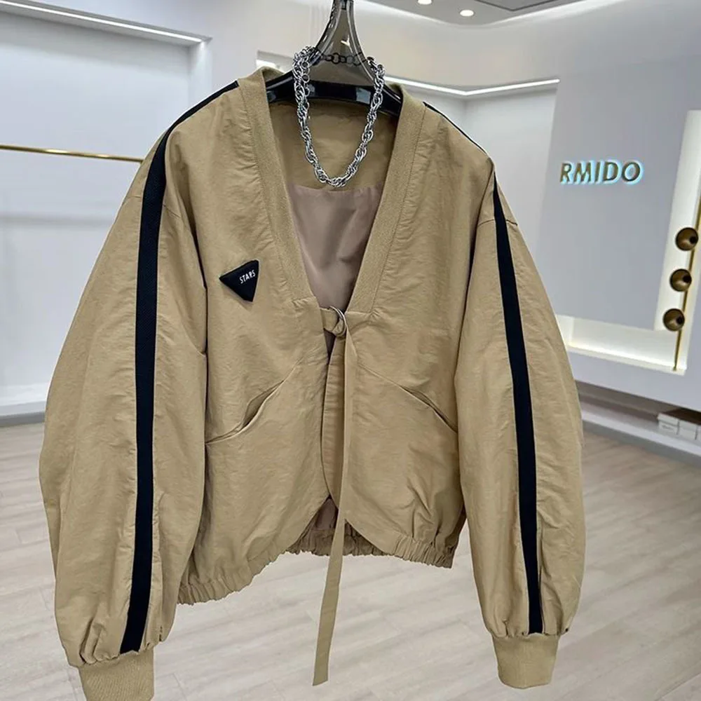 Autumn Casual V Neck Loose Short Jackets Female Outwears Pocket Women's Jacket Streetwear Basic Khaki Coat Korean Woman Clothing