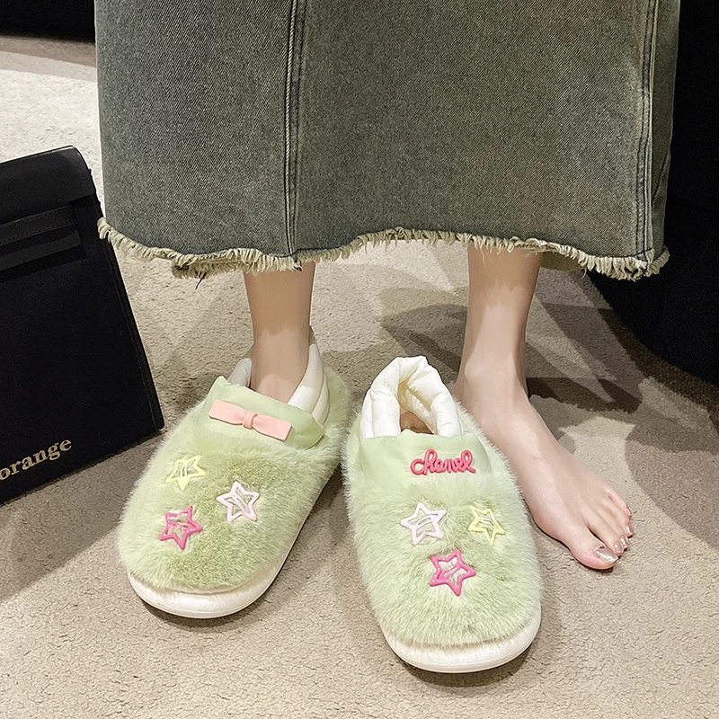 Classic Flats Woman Winter Slip on Round Toe Warm Plush Shoes Woman Sweet Star Letter Platform Flats Plus Size Zapatillas Mujer