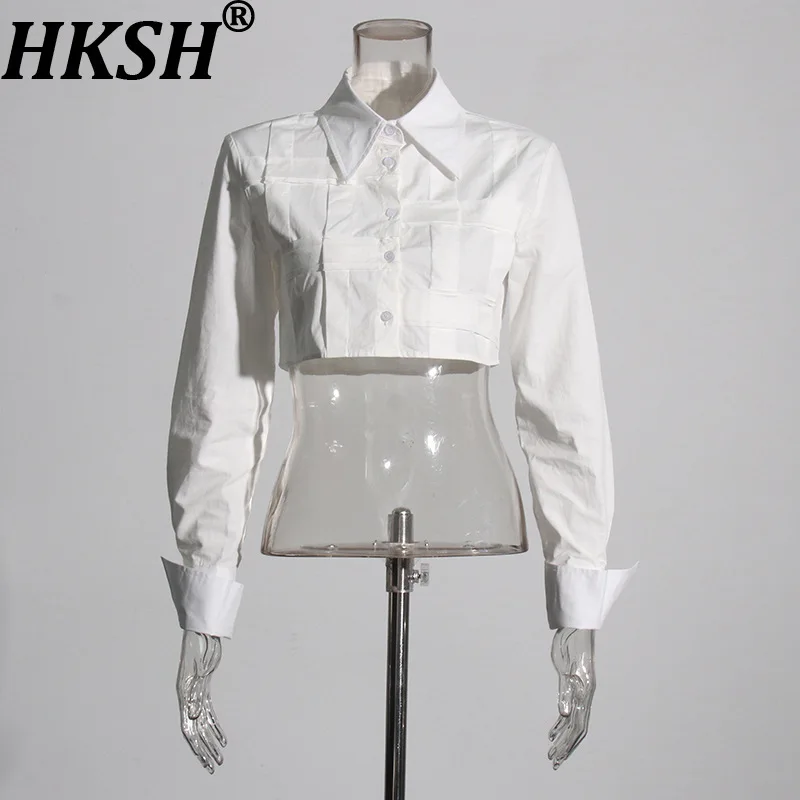 

HKSH весна осень новая женская короткая рубашка с отложным воротником и длинным рукавом однобортная однотонная повседневная блузка шикарный топ HK13645