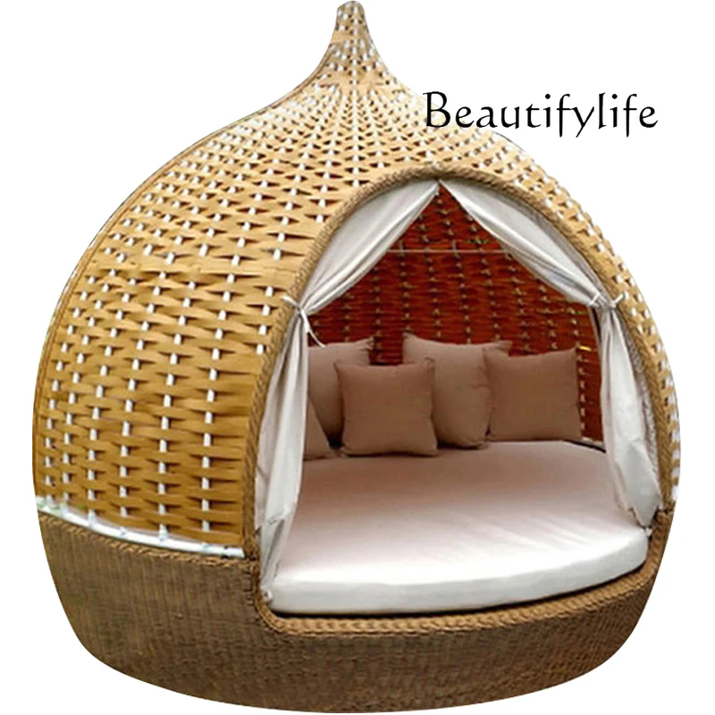 Internet Celebrity Outdoor Leisure Rattan Lying Bed Bird Cage Bed Recliner Beach Swimming Pool Outdoor round Lying Bed