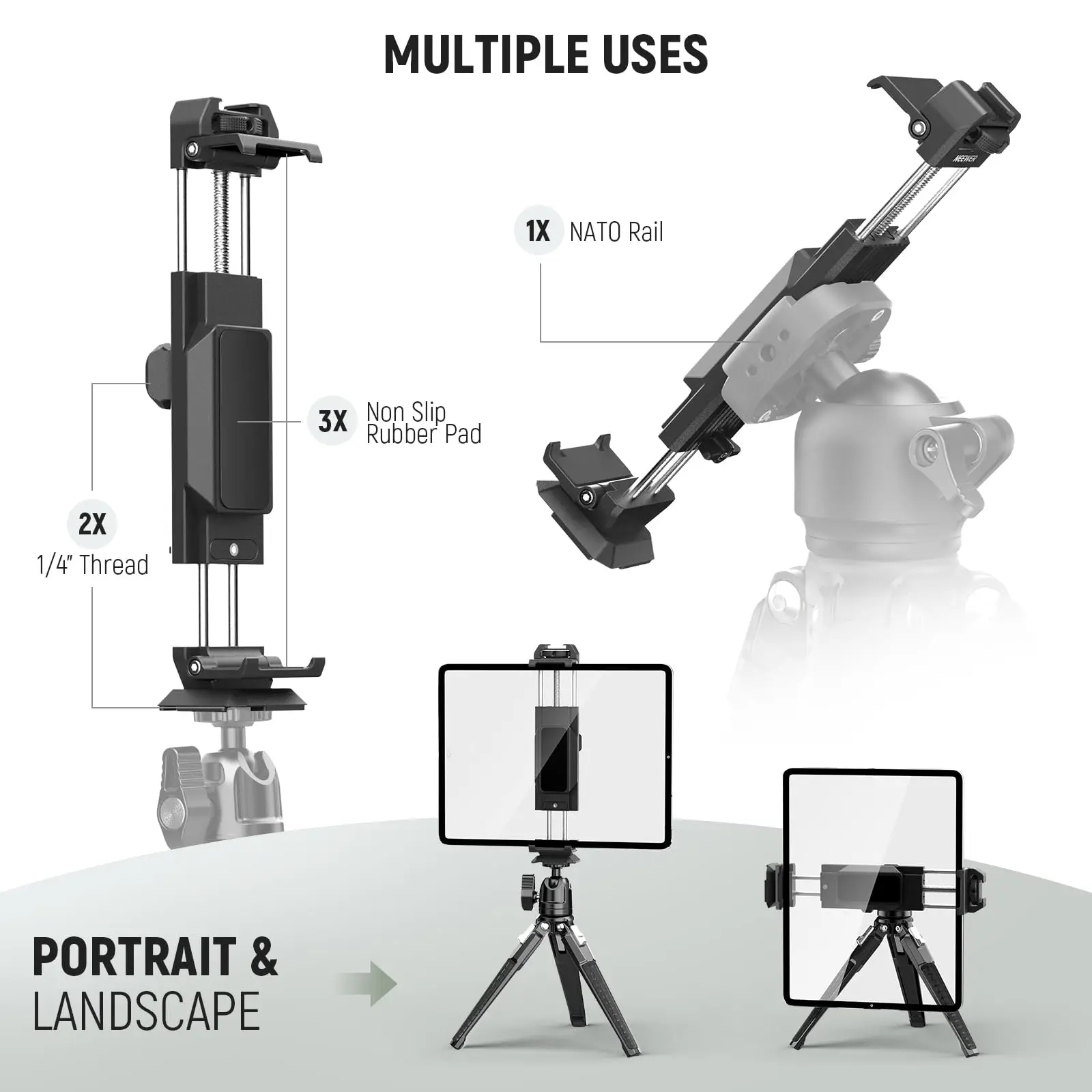NEEWER 태블릿 메탈 홀더 아이패드 삼각대 마운트 어댑터 콜드 슈 아르카 타입 베이스 NATO 인터페이스 아이패드 미니 에어 프로용