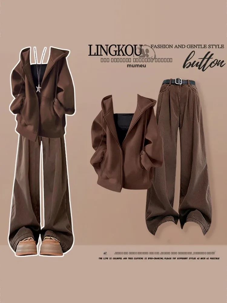 

Осенний комплект-русалка большого размера, женская молодежная повседневная верхняя одежда, винтажные утягивающие широкие брюки ter Ne