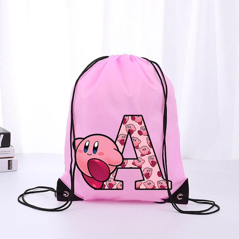 Kirby Boys Girls Cartoon Letter Drawstring Bag Sports Waterproof Backpack Bundle Pocket Terylene Basketball Bags Anime Cute Gift