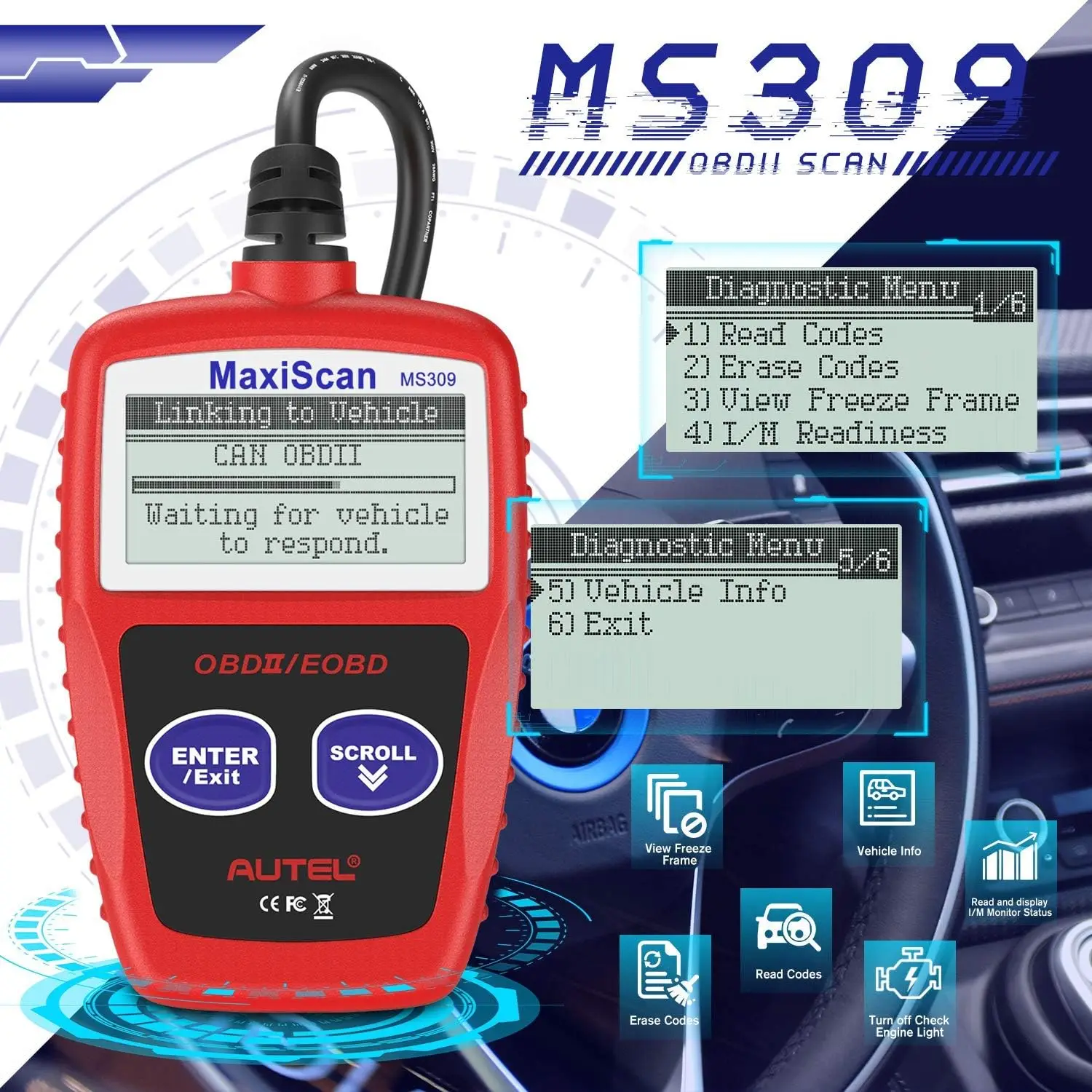 OBD2 Scanner MS309 Universal Car Fault Code Reader, Check Engine Light & Emission Monitor Tool