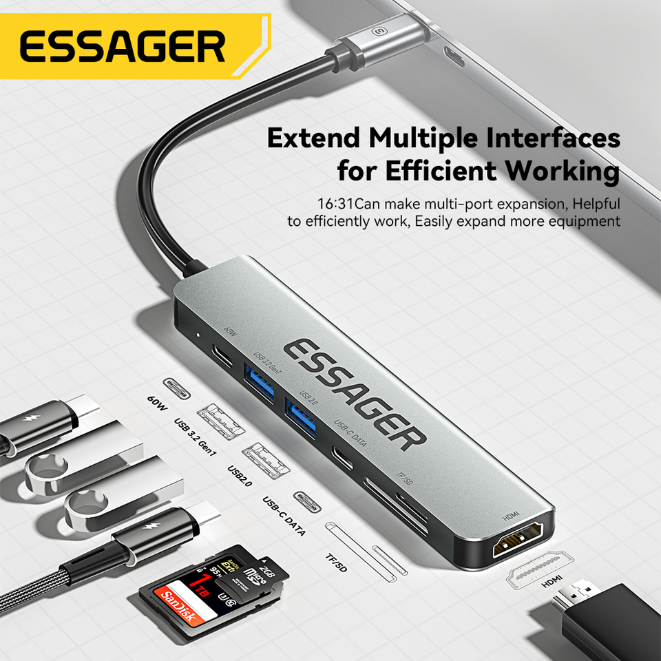  Essager Usb C Hub Usb Type-c to HDMI-compatible Laptop Dock Station For Macbook Pro Air M1 M2 Extensor USB 3.0 Adapter Splitter 