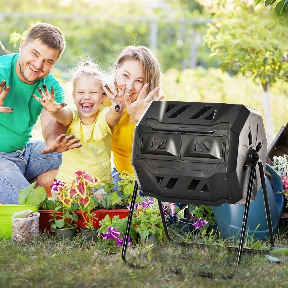 

Вращающийся компостный бак для улицы 360° ° Двухкамерный вращающийся компостер на 43 галлона, черный, на заказ