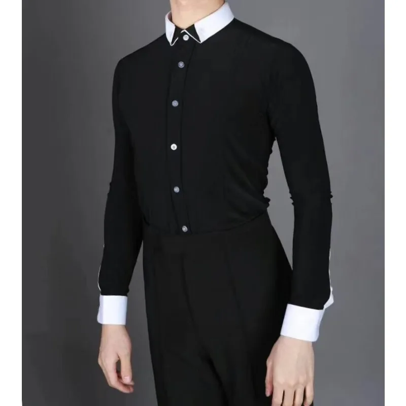 Customized Modern Dance Black and White Contrast Collar Shirt for Men's Top National Standard Waltz Art Exam Competition Costume