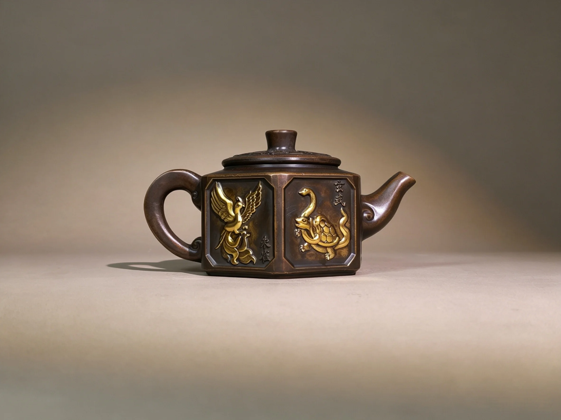 Exquisite Pure Copper Teapot with Four Divine Beasts Pattern, Craft Ornament for Decorating Tea Rooms, Tea Tables, Living Rooms,