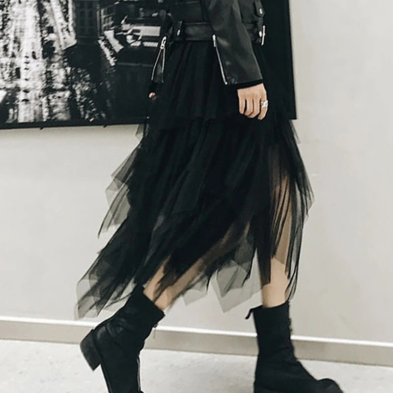 Mesh Half Skirt High Waist Irregular Word Yarn Half Skirt Women's Spring and Autumn New Mesh Mid length Small Style