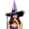 Women Halloween Witch Hat, 6 Styles Black Orange Purple Pointed Witch Hats with Spider Web Lace, Flower, Feather and LED Light Decor, Halloween Party Cosplay Costume Accessory 8