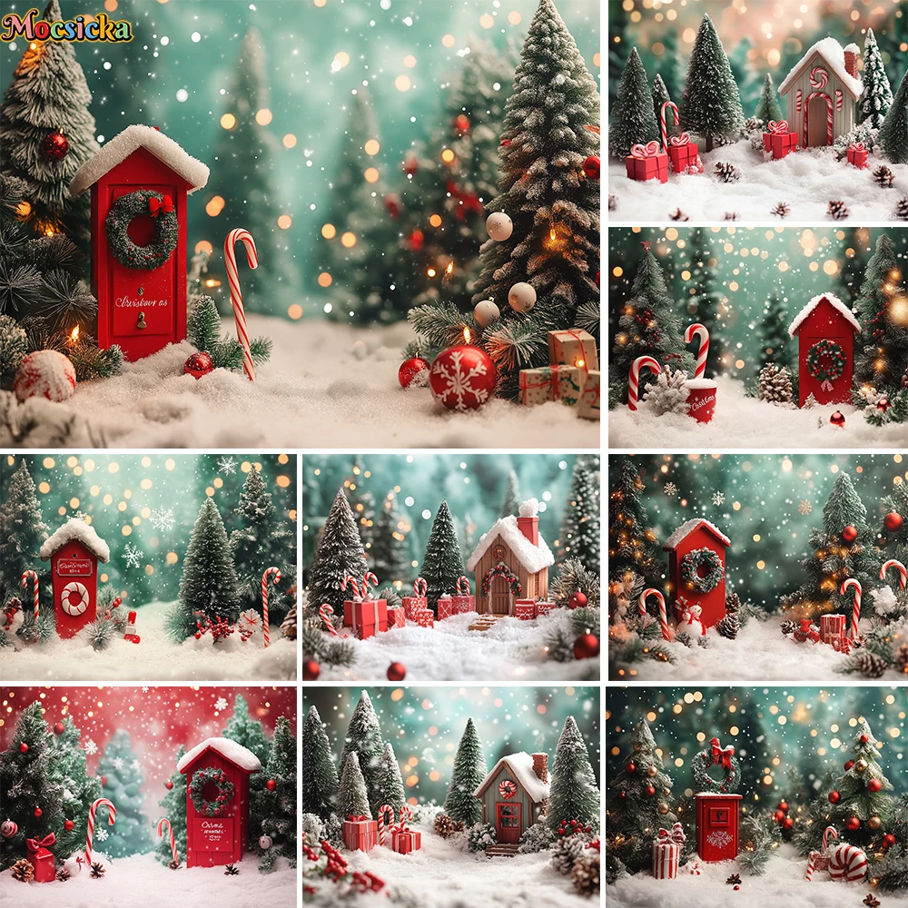 

Christmas Candy Cane Background Photography Red Santa Letterbox Xmas Tree Forest Backdrop Decor Kids Cake Smash Photo Studio