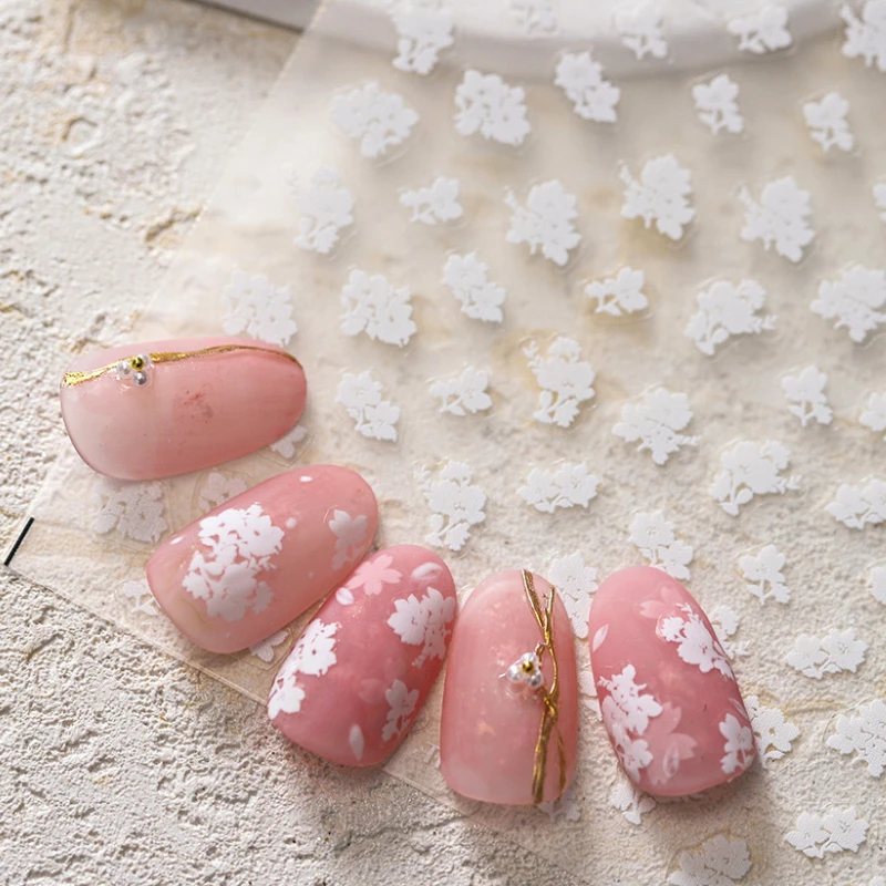 White Sakura Flowers 3D Self Adhesive Nail Art Stickers Pink Cherry Blossom 5D Embossed Reliefs Manicure Decals Wholesale