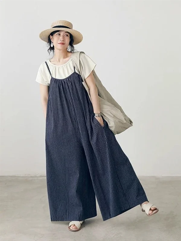 Calças Largas Listradas Azuis para Mulheres, Novas Calças de Verão com Cintura Alta, Estilo Artístico Retro, Confortáveis para o Dia a Dia